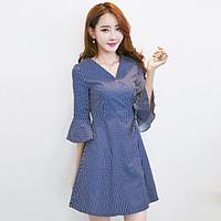 Women\'s Casual/Daily Skater Dress, Striped V Neck Above Knee ¾ Sleeve Polyester Summer High Rise Inelastic Thin