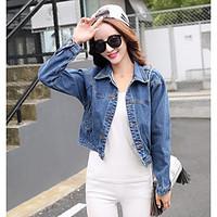 Women\'s Casual/Daily Vintage Spring Summer Denim Jacket, Solid Shirt Collar Long Sleeve Short Polyester