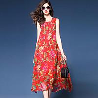 Women\'s Casual/Daily Street chic Swing Dress, Floral Round Neck Midi Sleeveless Nylon Summer Mid Rise Micro-elastic Medium