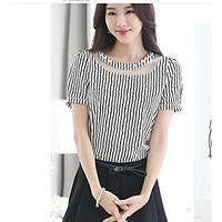 Women\'s Casual/Daily Simple T-shirt, Striped Round Neck Short Sleeve Polyester