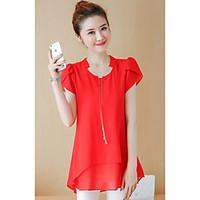 Women\'s Casual/Daily Simple Summer Blouse, Solid Round Neck Short Sleeve Polyester Thin