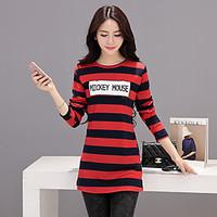 Women\'s Going out Casual/Daily Holiday Cute T-shirt, Solid Striped Round Neck Long Sleeve Cotton