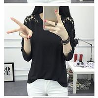Women\'s Going out Casual/Daily Holiday Simple T-shirt, Solid Color Block Round Neck Long Sleeve Cotton
