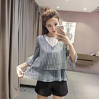 Women\'s Casual/Daily Cute Summer Blouse, Striped Round Neck ½ Length Sleeve Polyester Medium