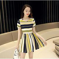 Women\'s Daily Sheath Dress, Striped Round Neck Above Knee Short Sleeve Cotton Summer High Rise Micro-elastic Thin