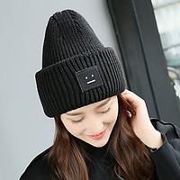 Women Men Vintage Casual Solid Color Smile Pattern Printed Patch Knitted Hat