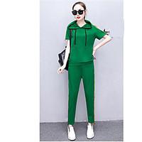 Women\'s Casual/Daily Sports Simple Active Summer Hoodie Pant Suits, Solid Hooded Short Sleeve Micro-elastic