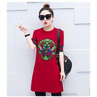 Women\'s Going out Casual/Daily Vintage Simple Fall Winter T-shirt Pant Suits, Floral Round Neck Long Sleeve Micro-elastic