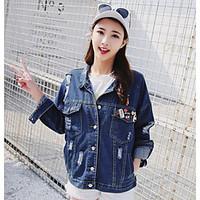 Women\'s Going out Cute Spring Denim Jacket, Solid Stand Long Sleeve Regular Cotton