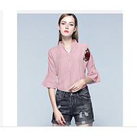 Women\'s Casual/Daily Simple Shirt, Solid Floral Shirt Collar ½ Length Sleeve Cotton