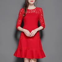 womens plus size going out simple lace dress solid round neck above kn ...