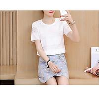 Women\'s Going out Casual/Daily Simple Summer T-shirt Skirt Suits, Print Round Neck Short Sleeve Micro-elastic