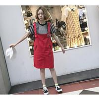Women\'s Casual/Daily Vintage Street chic Summer T-shirt Skirt Suits, Solid Round Neck Short Sleeve Micro-elastic