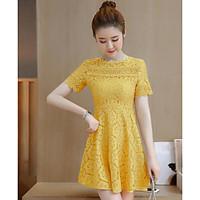 Women\'s Daily Chiffon Dress, Solid Round Neck Above Knee Short Sleeve Polyester Summer High Rise Inelastic Thin