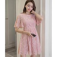 Women\'s Daily Lace Dress, Solid Round Neck Above Knee Short Sleeve Cotton Blend Summer High Rise Inelastic Thin
