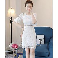 Women\'s Daily Lace Dress, Solid Round Neck Asymmetrical Short Sleeve Cotton Summer High Rise Micro-elastic Thin