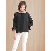 Women\'s Casual Simple Blouse, Solid Round Neck 3/4 Length Sleeve Polyester