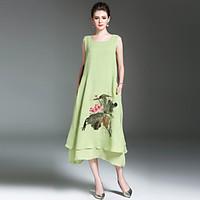 Women\'s Daily Casual Casual/Daily Vintage Loose Dress, Floral Round Neck Midi Sleeveless Cotton Linen Spring Summer Mid Rise Inelastic