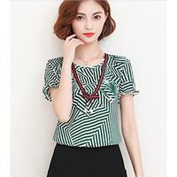 Women\'s Going out Cute Summer Blouse, Striped Round Neck Short Sleeve Polyester Thin