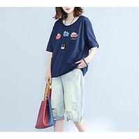 Women\'s Casual/Daily Simple Summer T-shirt, Print Round Neck Short Sleeve Cotton Medium