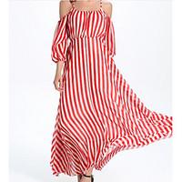 Women\'s Casual/Daily Simple Swing Dress, Striped Strap Midi Short Sleeve Polyester Fall Winter Mid Rise Micro-elastic Medium