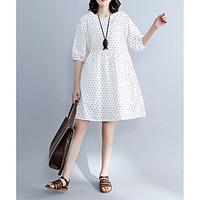 Women\'s Going out Casual/Daily Simple Cute Loose Dress, Polka Dot Round Neck Knee-length ½ Length Sleeve Cotton Summer Mid Rise Inelastic