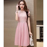 Women\'s Daily Chiffon Dress, Solid Crew Neck Knee-length Short Sleeve Polyester Summer High Rise Inelastic Thin