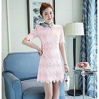 Women\'s Casual Shift Dress, Solid Square Neck Above Knee Short Sleeve Lace Summer Mid Rise Micro-elastic Thin