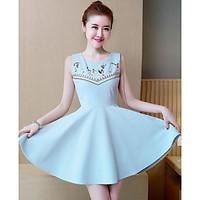 Women\'s Daily Skater Dress, Embroidery Round Neck Above Knee Sleeveless Polyester Summer High Rise Inelastic Thin