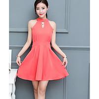 womens daily skater dress solid round neck above knee sleeveless polye ...