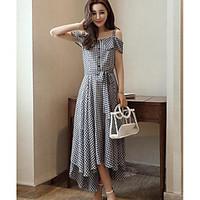 Women\'s Daily Swing Dress, Plaid/Check Strap Maxi Short Sleeve Cotton Linen Summer High Rise Inelastic Thin