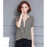 Women\'s Going out Cute Summer Blouse, Striped V Neck Short Sleeve Polyester Thin