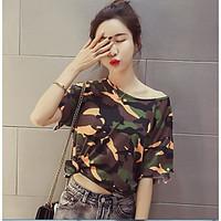 Women\'s Daily Simple T-shirt, Camouflage Color Round Neck Short Sleeve Cotton