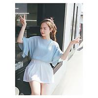 Women\'s Street Simple Cute Summer Blouse, Solid Round Neck Half-Sleeve Chinlon Thin