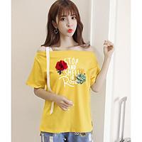 Women\'s Casual/Daily Simple Cute Spring Summer T-shirt, Patchwork Letter Boat Neck Short Sleeve Cotton Thin