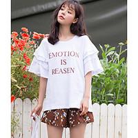 Women\'s Casual/Daily Simple Cute Spring Summer T-shirt, Patchwork Letter Round Neck Short Sleeve Cotton Thin