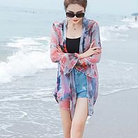 Women\'s Beach Sexy Summer Trench Coat, Print Round Neck Long Sleeve Long Polyester