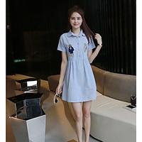 womens daily loose dress embroidery shirt collar above knee short slee ...