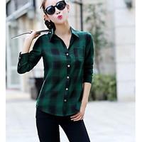 womens casualdaily simple shirt plaid stand long sleeve cotton