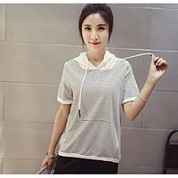 womens daily simple t shirt striped hooded short sleeve cotton