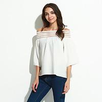 Women\'s Casual/Daily Simple Summer Blouse, Solid Boat Neck ½ Length Sleeve White / Black Cotton / Others Thin