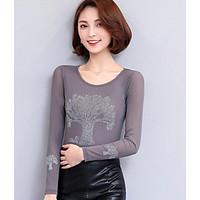 womens casualdaily simple blouse print round neck long sleeve nylon