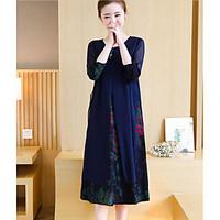 womens daily loose dress embroidery round neck midi long sleeve polyes ...