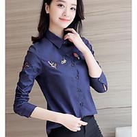 Women\'s Casual/Daily Simple Shirt, Embroidered Shirt Collar Long Sleeve Linen