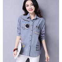 Women\'s Casual/Daily Simple Shirt, Print Shirt Collar Long Sleeve Linen