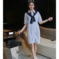 Women\'s Daily Loose Dress, Solid Shirt Collar Above Knee ½ Length Sleeve Linen Summer Mid Rise Inelastic Thin