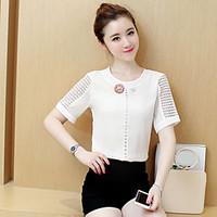 womens casual simple blouse solid round neck short sleeve polyester