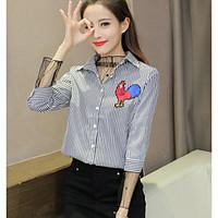 Women\'s Casual/Daily Simple Shirt, Striped Shirt Collar Long Sleeve Cotton Thin