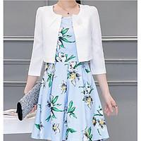 Women\'s Casual/Daily Simple Spring Blazer Dress Suits, Print U Neck 3/4-Length Sleeve Micro-elastic