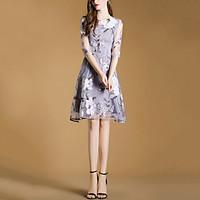 Women\'s Party Casual/Daily Holiday Vintage Cute Street chic Sheath Dress, Floral Round Neck Knee-length ½ Length Sleeve Polyester Summer